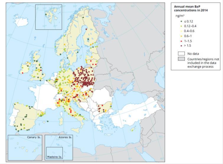 Diagnoza stanu Polska, a kraje EU Wielkości średniorocznych stężeń B(a)P w krajach EU w roku 2015, (Air quality in Europe 2016 report; https://www.eea.europa.