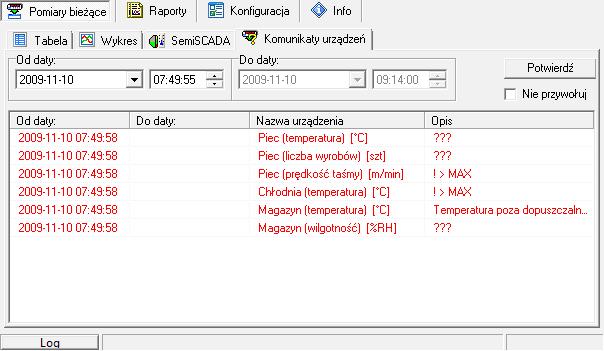 3.2.4. Zakładka Komunikaty urządzeń Rys. 3.18. Pomiary bieżące - Zakładka Komunikaty urządzeń Zakładka Komunikaty urządzeń (Rys. 3.18) służy do bieżącego podglądu sytuacji wyjątkowych i błędów urządzeń występujących w systemie.
