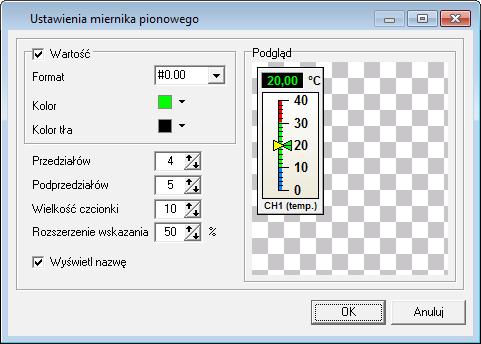 3.7.4. Wskaźniki Poniżej przedstawione są dostępne w programie typy wskaźników wraz z opisem ich ustawień. MIERNIKI PIONOWE Rys. 3.40.