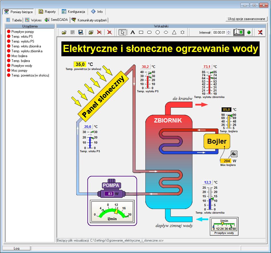 Rys. 3.50. Przykład wizualizacji stworzonej w semiscada Sposób prezentacji bieżących pomiarów dla powyższego przykładu nie musi się ograniczać do jednej wizualizacji.