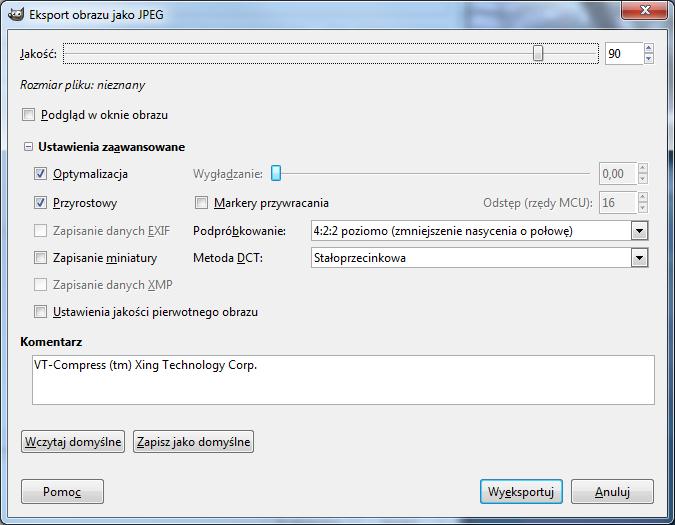 Do analizy wykorzystano program GIMP. Ustawienia eksportu do JPG: Czym niższa jakość kompresji JPG, tym większe zniekształcenia obrazu.