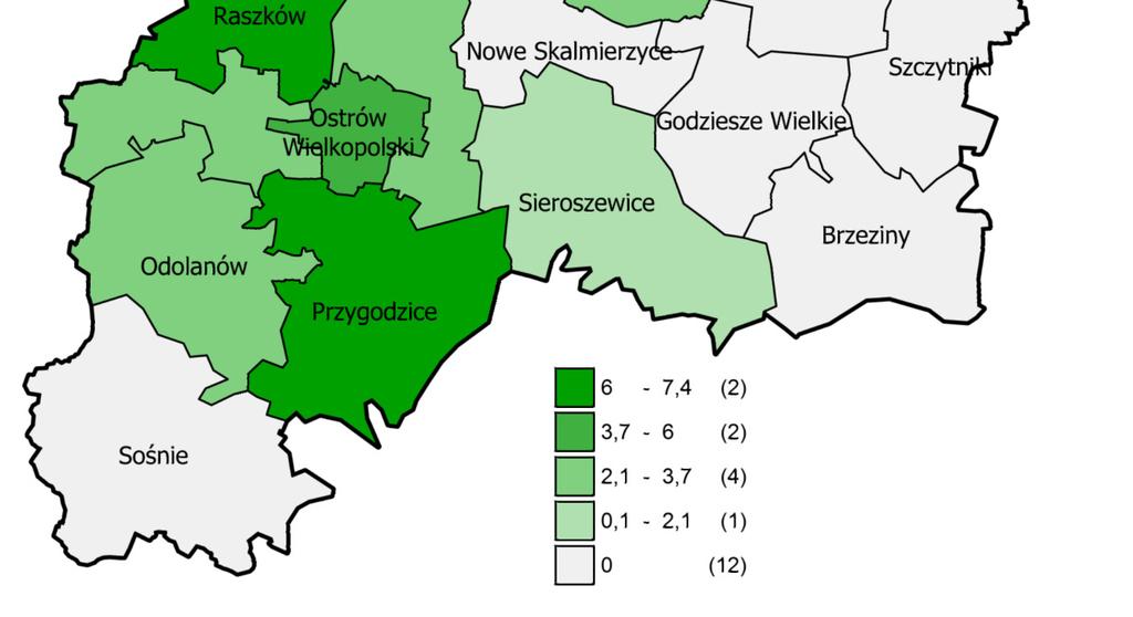 RYS. 30. DŁUGOŚĆ ŚCIEŻEK ROWEROWYCH NA 10 TYS. MIESZKAŃCÓW W 2013 R.