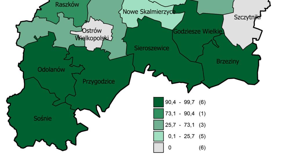 Stawiszyn, Blizanów, Lisków, Mycielin i Szczytniki tereny prawnie chronione nie występują. RYS. 31. UDZIAŁ OBSZARÓW CHRONIONYCH W POWIERZCHNI GMIN W 2013 R.