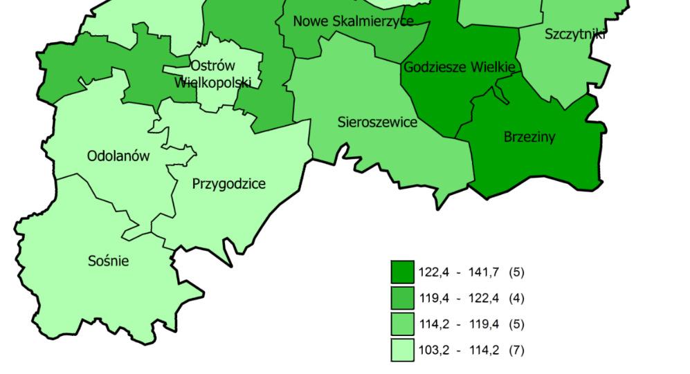 Analizując poziom rozwoju przedsiębiorczości dla roku 2014, mierzonego liczbą podmiotów gospodarczych (sektora publicznego i prywatnego) przypadającą na 10 tys.