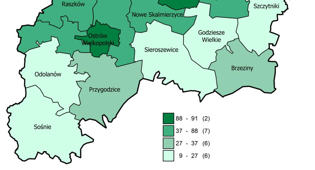 (PROCENTY) źródło: opracowanie własne na podstawie BDL GUS W najmniejszym zakresie sieć kanalizacyjna jest dostępna dla gospodarstw domowych na obszarze gmin: Mycielin (9%), Sośnie