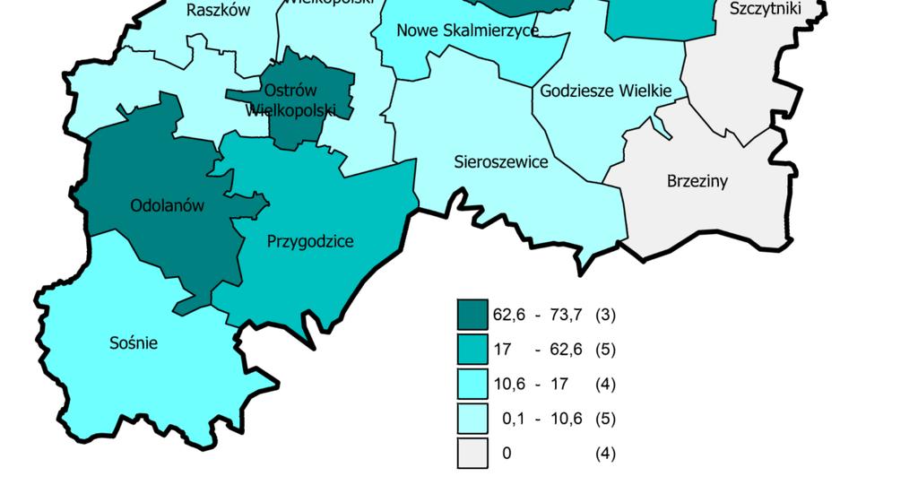 w gminach powiatu kaliskiego, położonych we wschodniej części AKO, lepsza w powiecie ostrowskim. RYS. 27. LUDNOŚĆ KORZYSTAJĄCA Z SIECI GAZOWEJ 2013 R.