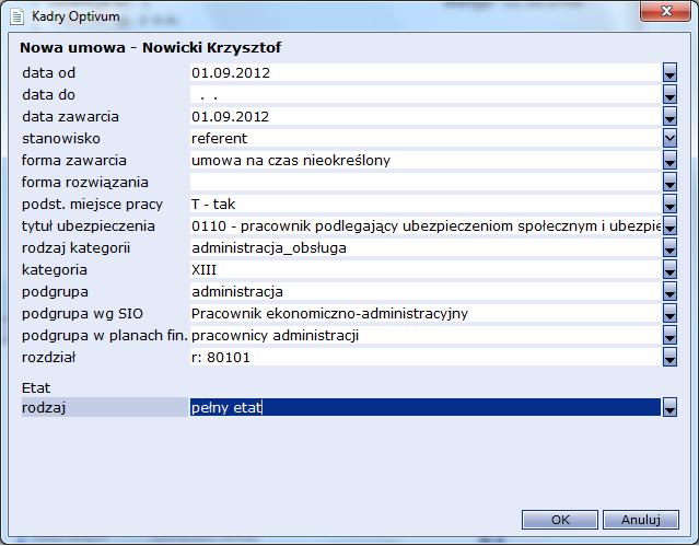 28 Materiały dla uczestnika szkolenia 4. Na formularzu Nowa umowa wpisz lub wybierz za pomocą list rozwijalnych: - data od: 01.09.