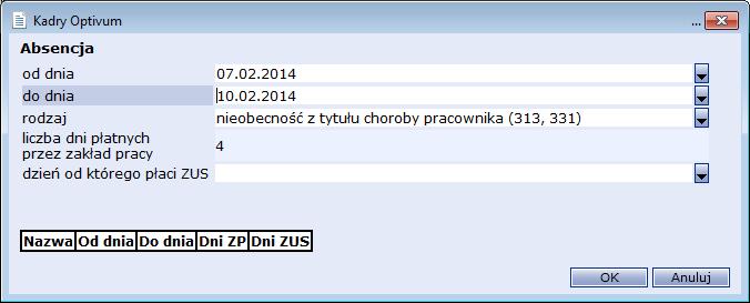 W prawym panelu kliknij przycisk dodaj. 4. Wypełnij formularz Absencje wpisz: - okres nieobecności: 07.02.