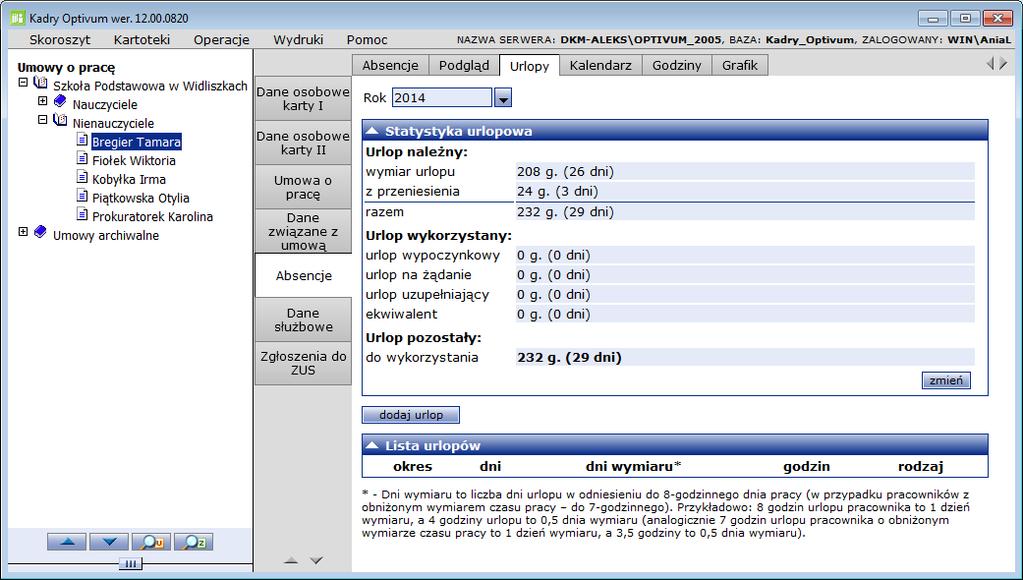 Sprawdź, jak w kartotekach pracowników administracji i obsługi zarejestrowany został wymiar urlopu wypoczynkowego: wybierz w menu Kartoteki/ Umowy o pracę/nienauczyciele, na liście osób zaznacz