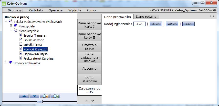 58 Materiały dla uczestnika szkolenia Przygotowanie zgłoszeń do ZUS Program Kadry Optivum umożliwia przygotowanie formularzy zgłoszeniowych do ubezpieczeń społecznych i ubezpieczenia zdrowotnego