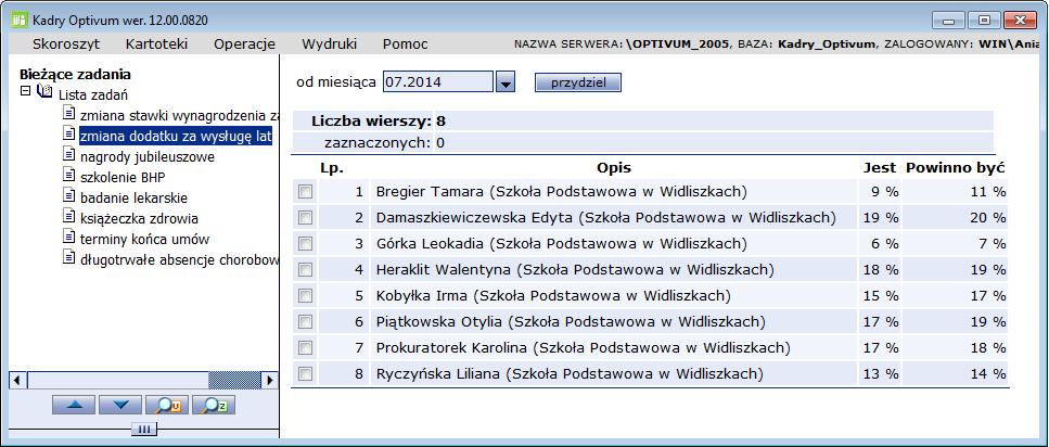 70 Materiały dla uczestnika szkolenia 6. Jeśli wszystkie dane są poprawne ponownie wybierz Operacje/ Bieżące zadania/ zmiana dodatku za wysługę lat.