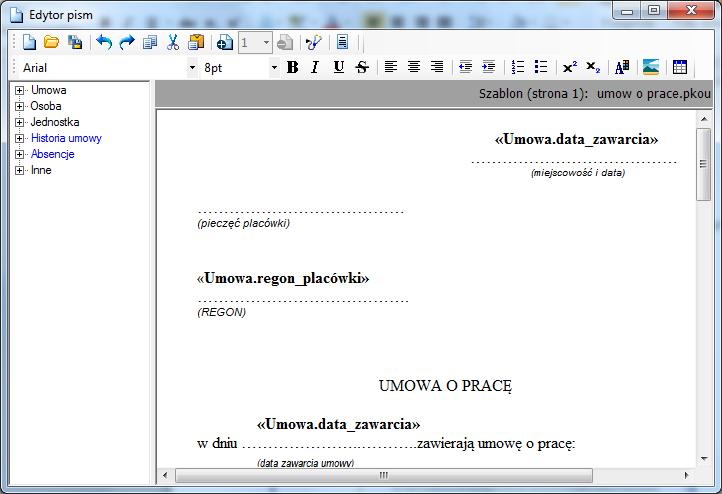 Jeśli chcesz, aby tam pojawiła się data bieżąca, wykasuj zapis <<Umowa.data_zawarcia>>. Następnie w drzewie danych rozwiń pozycję Inne i dwukrotnie kliknąć pozycję datasystemowa. 8.