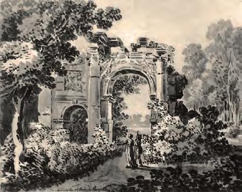 Liczne pejzaże oraz sceny rodzajowe i rysunki były dziełem (pochodzącego z Francji) nadwornego ogrodzie sielankowym na Powązkach, założonym Element stylizowany na ruiny łuku triumfalnego w malarza