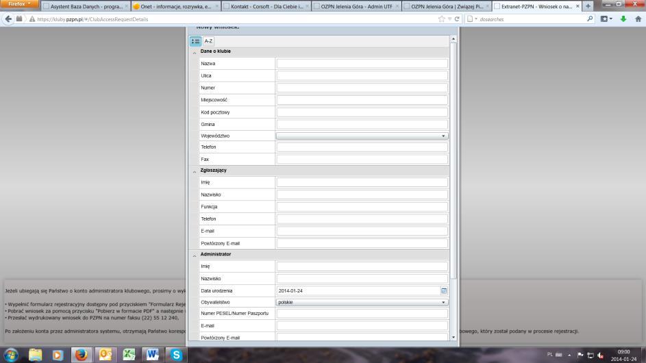 pl Wypełniamy formularz rejestracyjny: Po zapisaniu tego formularza ten wniosek elektronicznie przez Extranet jest do weryfikacji przez OZPN.