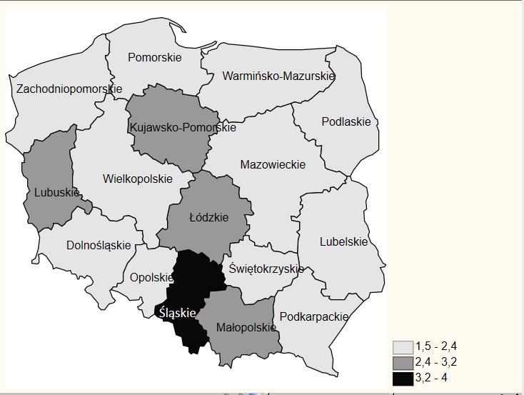 Stan zdrowia mieszkańców a zanieczyszczenie środowiska 57 Rys. 1. Przestrzenne zróżnicowanie standaryzowanego współczynnika zgonów na raka piersi (kobiety) na 100 tys.