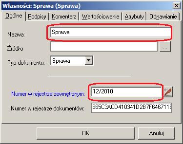Własności elementu typu Sprawa, lub Dokument Własności tych elementów można definiować w oknie składającym się z kilku zakładek: Zakładka ogólne: Tu można określić nazwę składnika, oraz jego numer.