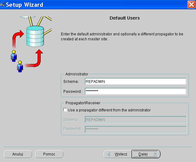 RYSUNEK 19 TWORZENIE WĘZŁÓW NADRZĘDNYCH DLA REPLIKACJI MULTIMASTER Następnie stworzono użytkowników odpowiedzialnych za replikację