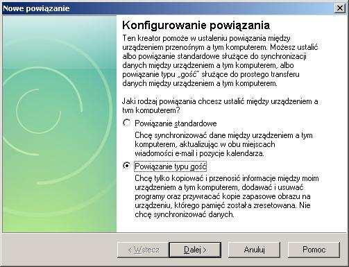 Powiązanie standardowe synchronizuje widomości email i kalendarz natomiast typu gość nie synchronizuje danych. Po wskazaniu typu powiązania wybieramy przycisk Dalej.