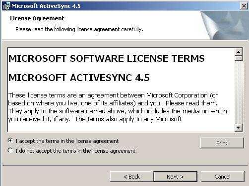 OVUS PDA ET ver. 2.2 - User s manual MICROSOFT ACTIVESY C I STALLATIO To continue the installation process you have to read and accept the ActiveSync license terms.