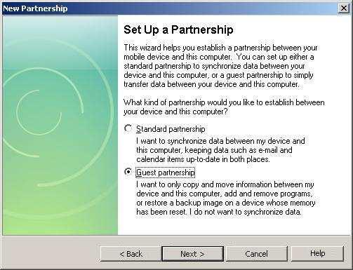 OVUS PDA ET ver. 2.2 - User s manual MICROSOFT ACTIVESY C I STALLATIO After connecting with the PDA device you have to choose the partnership mode for the ActiveSync software.