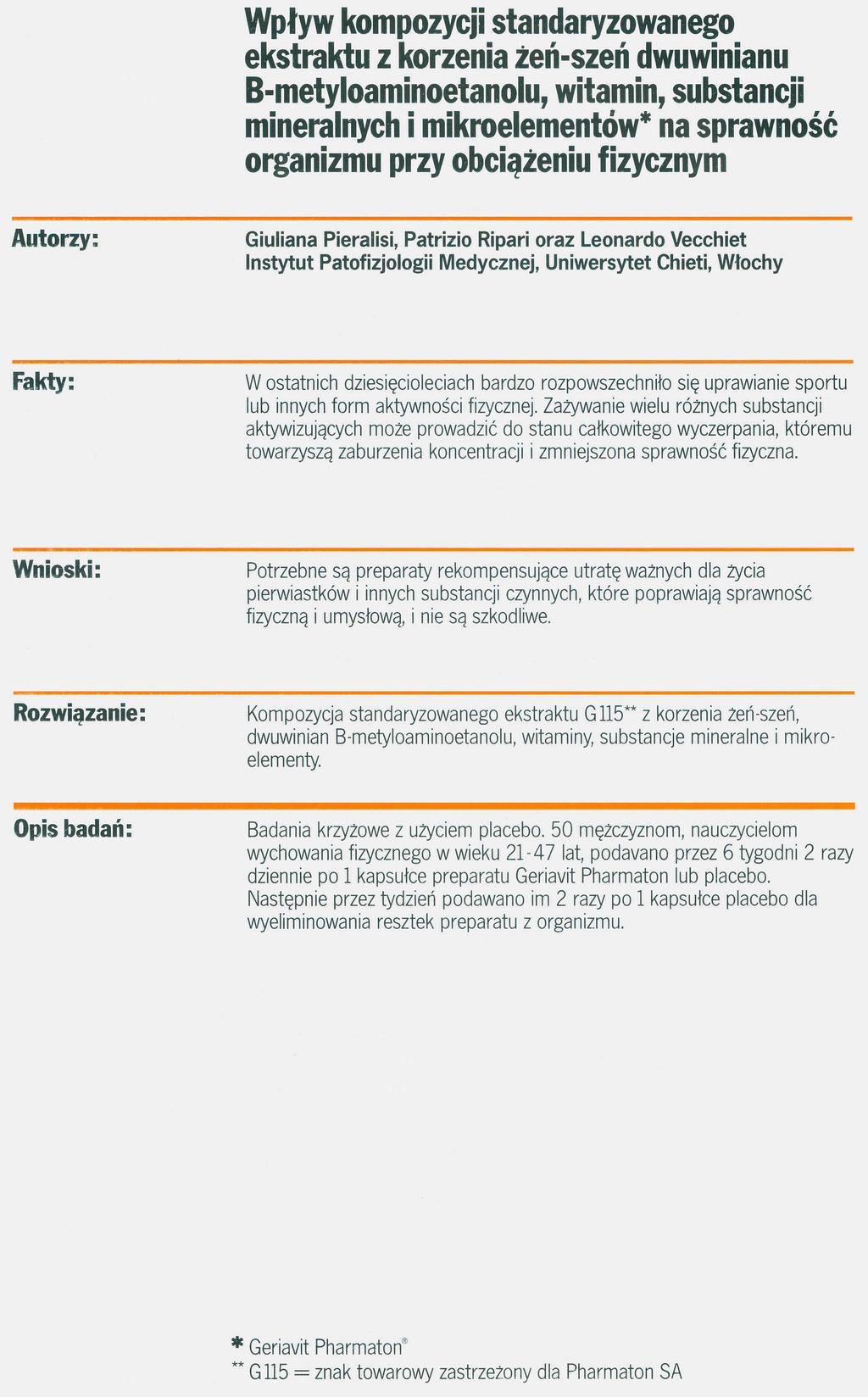 Wpływ kompozycji standaryzowanego ekstraktu z korzenia żeń-szeń dwuwinianu B-metyloaminoetanolu, witamin, substancji mineralnych i mikroelementów* na sprawność organizmu przy obciążeniu fizycznym