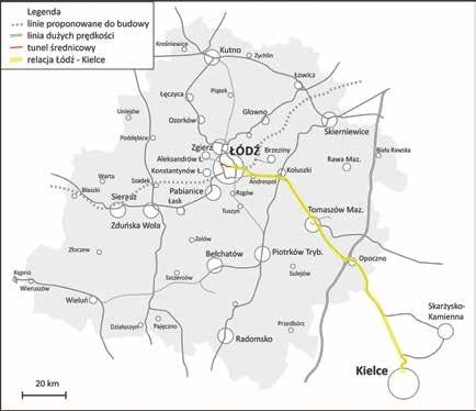 Rys. 15. Docelowy korytarz Łódź Opoczno Kielce Źródło: oprac. własne do pętli autobusowej Janów (jako węzła multimodalnego kolej tramwaj autobus).