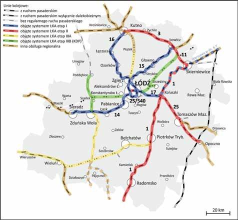Rys. 17. Proponowany system przewozów pasażerskich w województwie łódzkim w perspektywie 2030 r. Źródło: oprac. własne. lokalnych przewozów z powodu ograniczeń zdolności przepustowych.