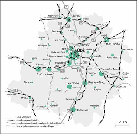 Rys. 11. Sieć kolejowa i drogowa na obszarze województwa łódzkiego Źródło: oprac. własne. aglomeracji pogarszając jednocześnie sprawność systemu i stopień jego uciążliwości dla środowiska.