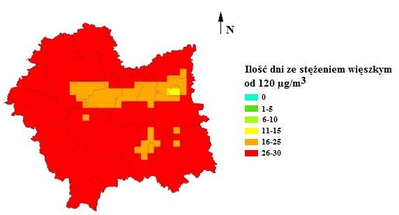 Na większości terenu gminy w 2015 roku liczba dni, w których stężenie ozonu było większe niż 120 µg/m 3, wynosiła 16 25 dni.