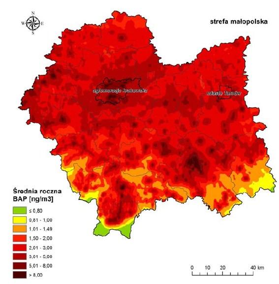 Mapa 7 Rozkład stężenia rocznego benzo(a)pirenu w pyle PM10 na terenie województwa małopolskiego w 2015 roku Źródło: Ocena jakości powietrza w województwie małopolskim w 2015 roku, Wojewódzki