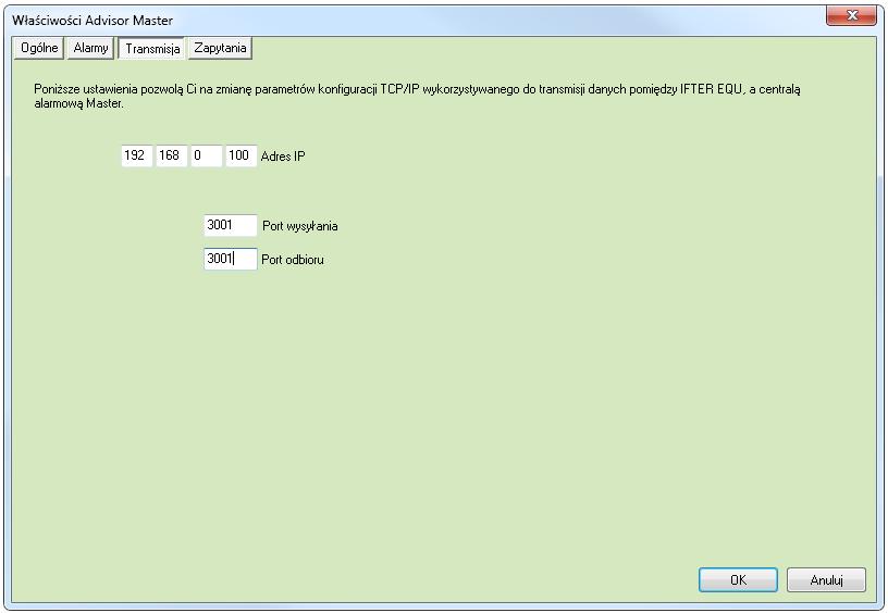 c) W polu Transmisja wybieramy TCP/IP d) Następnie otwieramy zakładkę Transmisja e) W tym miejscu ustawiamy Adres IP centrali oraz porty wysyłania i odbioru, tak jak jest to ustawione