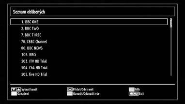 Ovládání stanic: Oblíbené Můžete vytvořit seznam oblíbených kanálů. Stiskněte tlačítko MENU pro vstup do hlavní nabídky. Nastavte Seznam kanálů stisknutím nebo tlačítka.