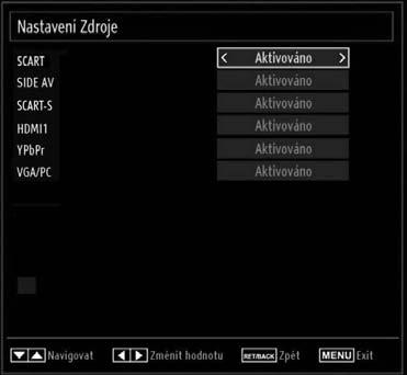 Konfigurace nastavení Zdroje Zde můžete povolit či zakázat vybrané zdroje. Pokud stisknete tlačítko SOURCE, TV se nepřepne do možnosti zakázání zdroje.