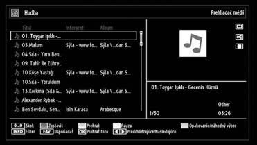 0..9 (Číselné tlačidlá): Preskočí na zvolený súbor. Prehrať toto (OK tlačidlo): Prehrá zvolený súbor. Prehrať (ZELENÉ tlačidlo): Prehrá všetky mediálne súbory začínajúc so zvoleným súborom.