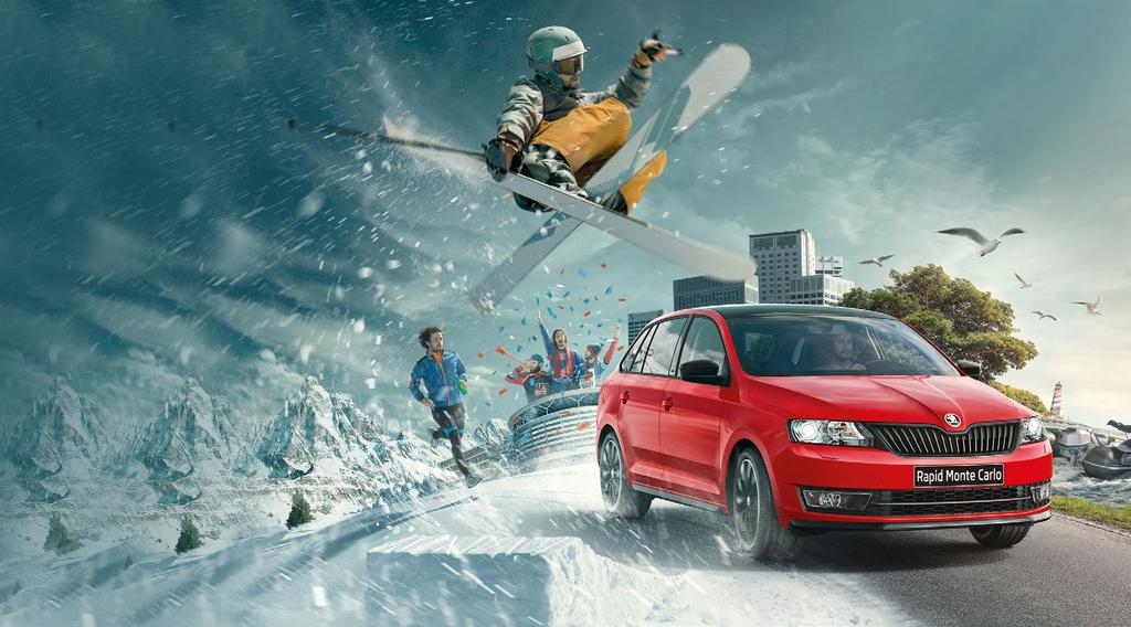 WYBRANE ELEMENTY WYPOSAŻENIA Radio SWING z Bluetooth Škoda Surround i dwa dodatkowe głośniki z tyłu Klimatyzacja manualna Climatic Trójramienna skórzana wielofunkcyjna kierownica (radio + telefon) z