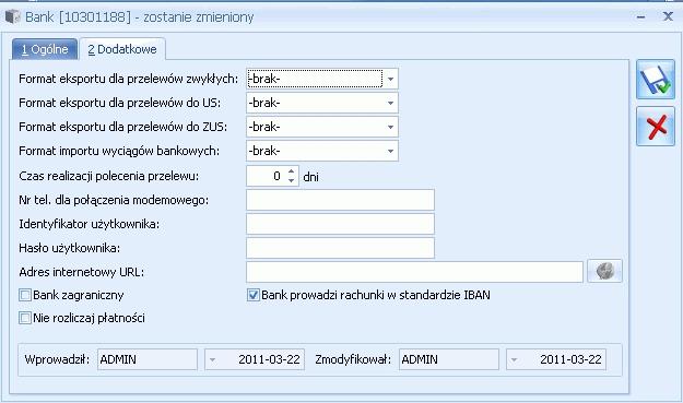 Przygotowanie formularza banku do wysyłania przelewów W celu poprawnego wysłania zdarzeń z Preliminarza do banku, należy wcześniej odpowiednio skonfigurować formularz banku (menu Ogólne/ Inne/ Banki).