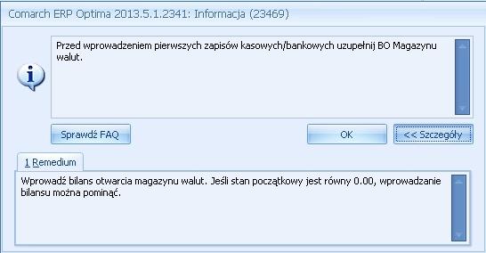 Formularz rejestru kasowego/bankowego Zaznaczenie parametru Rejestr obsługuje magazyn walut powoduje pojawienie się komunikatu ostrzegawczego o możliwości wprowadzenia BO magazynu walut. Rys 65.