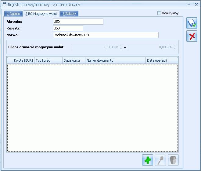 Jeśli zapisy składające się na BO magazynu walut miały taką samą wartość kursów, to można wprowadzić je zbiorczo, jeśli jednak saldo rachunku składa się z zapisów o różnych kursach, należy wprowadzić
