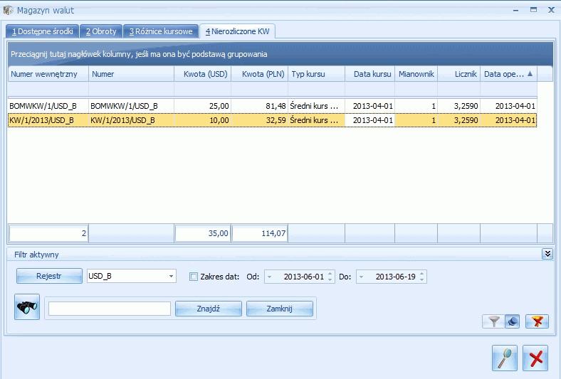 Nierozliczone KW Lista nierozliczonych KW związana jest z rozliczeniami operacji składających się na magazyn walut.
