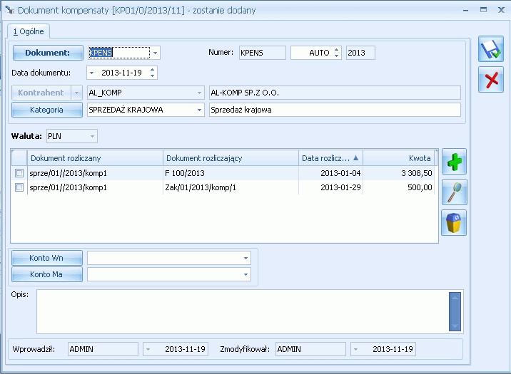 Rys 81. Dokument kompensaty zostanie dodany Z formularza tego dokumentu użytkownik może dodawać kolejne pozycje lub usuwać niepotrzebne.