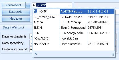 Rys 28. Lista rozwijana dla pola Kontrahent Rozpoczęcie edycji w polu listy rozwijanej powoduje rozwinięcie uproszczonej listy pomocniczej zawężonej do pozycji, które zawierają wpisywany ciąg znaków.