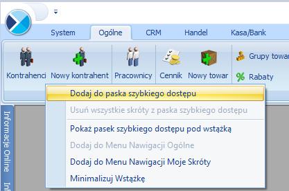 Aby przenieść np. ikonę kontrahenta wystarczy nacisnąć prawy przycisk myszy na ikonie Kontrahenci i wybrać opcję Dodaj do paska szybkiego dostępu. Rys 7.