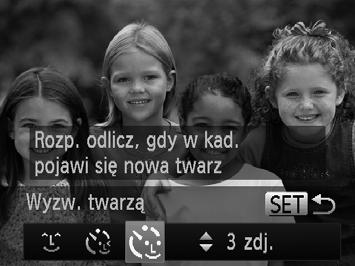 Tryby specjalne do innych celów Zdjęcia Korzystanie z funkcji samowyzwalacza twarzą Aparat zarejestruje zdjęcie po około dwóch sekundach od wykrycia, że w kadrze pojawiła się twarz kolejnej osoby (np.