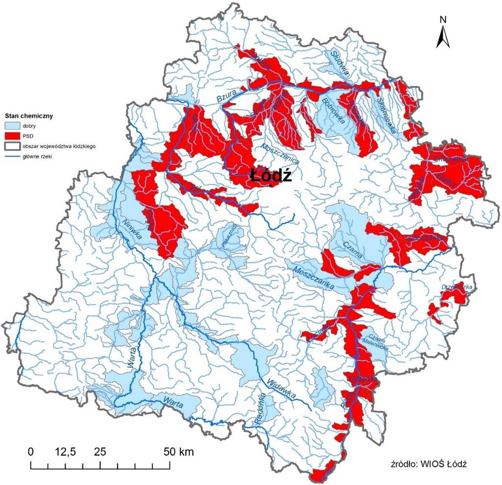 Mapa 12. Ocena stanu chemicznego JCWP, badanych na terenie województwa łódzkiego w latach 2010-2015 10,8 % 10,4% Stan chemiczny dobry PSD 78,8% nie badano stanu chemicznego Rys. 18.