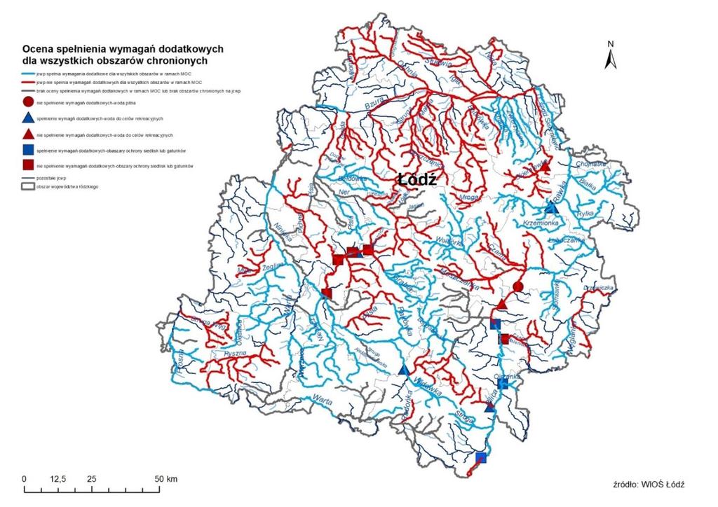 Na mapie 13 przedstawiono sieć rzeczną znajdującą się na obszarze województwa łódzkiego, prezentującą ocenę spełnienia wymagań dodatkowych i uwzględniającą wszystkie obszary chronione znajdujące się