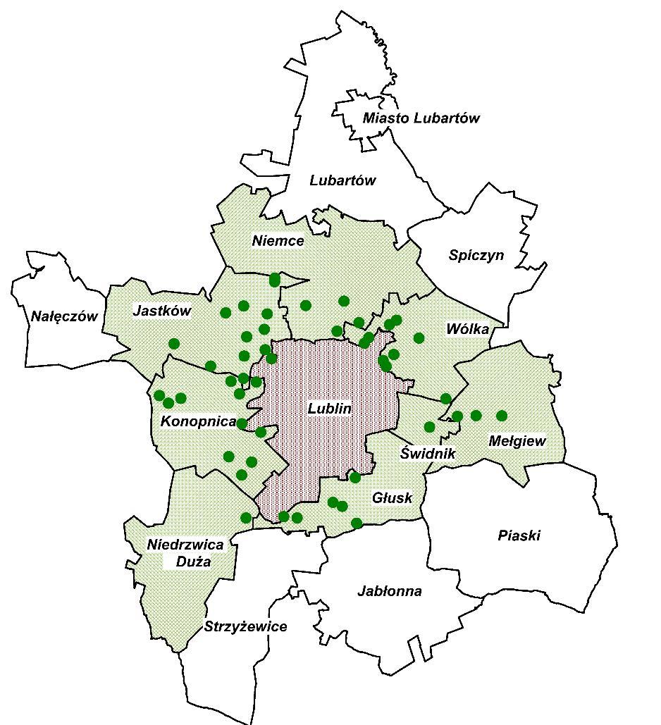 Rys. 1.1. Miejscowości położone w gminach w bezpośrednim sąsiedztwie Lublina, obsługiwane przez autobusy ZTM (źródło: opracowanie własne na podstawie danych: www.ztm.lublin.eu).