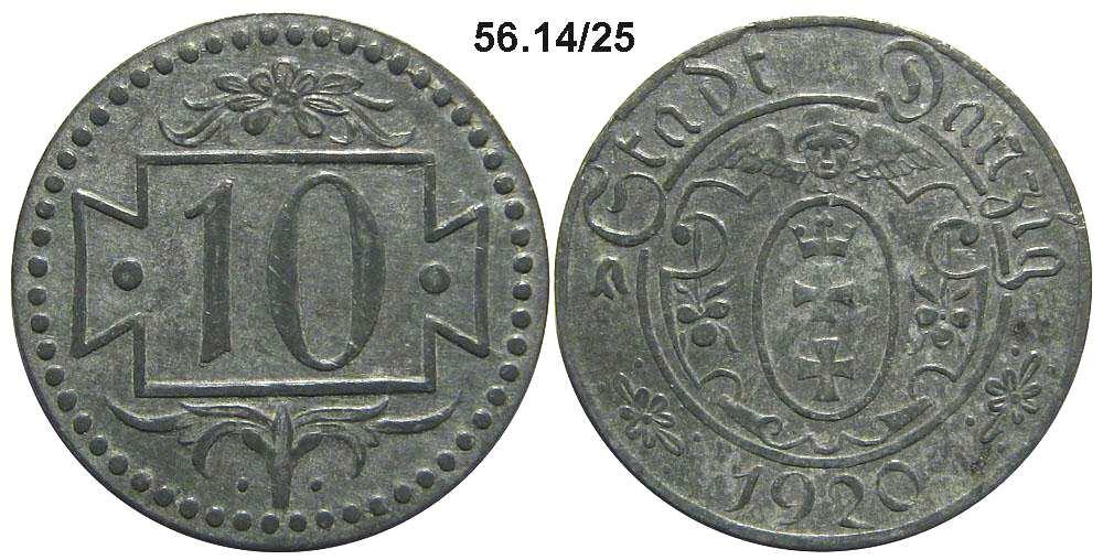 9 10 FENIGÓW 1920 WMG NOWA ODMIANA Liczny już zbiór odmian 10-fenigówek gdańskich z 1920 roku możemy powiększyć o kolejną sztukę.