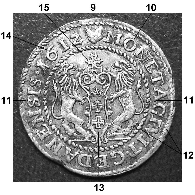 6 6. Ucho monarchy położone jest zbyt poziomo. 7. Poszczególne elementy korony są uproszczone, jak np. pałączki z perełkami (nieco za dużymi) 4. Rewers: 8.