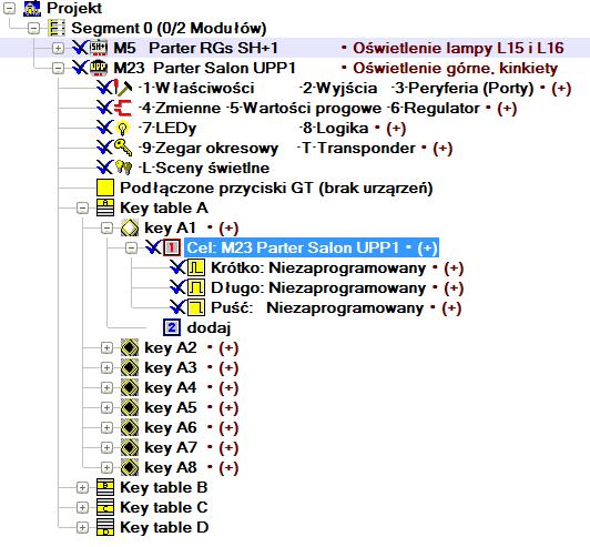 Zgodnie z powyższym przykładem łącznik 1, który ma zostać zaprogramowany, przyłączony jest do modułu LCN-UPP, a więc programowanie dotyczyć będzie tabeli przycisków fizycznych Tabela A Przycisk 1