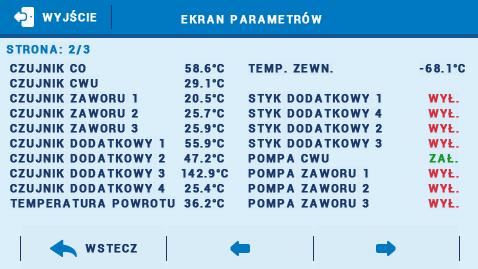 Z ekranu parametrów można odczytać: Temperaturę z